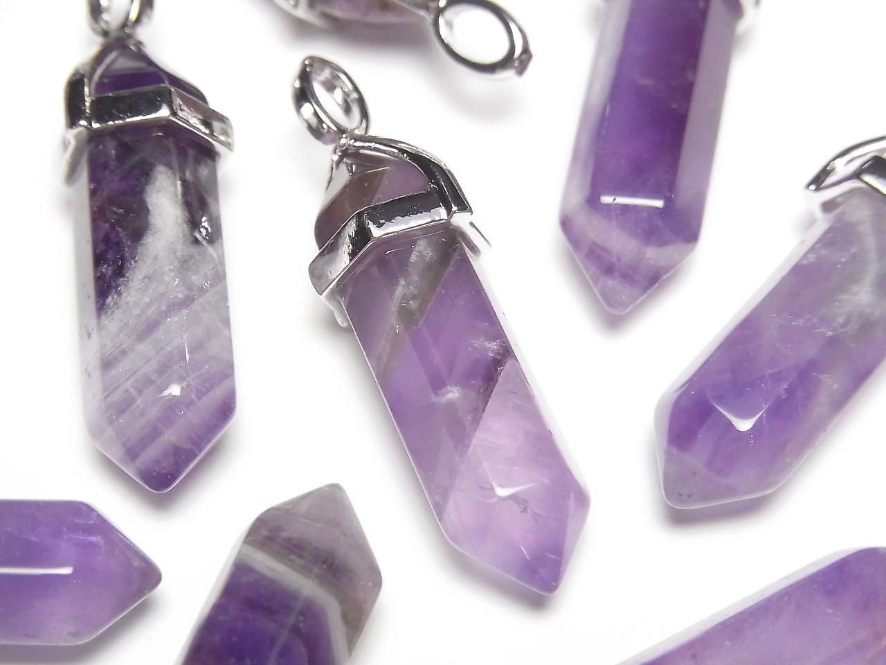 Amethyst AA++ Double Point Pendant 32x8x8mm Silver Color 3pcs
