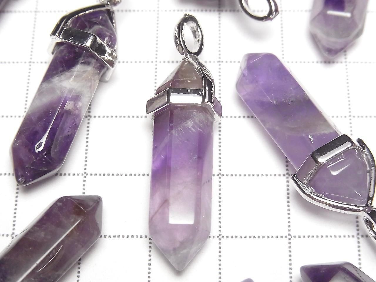 Amethyst AA++ Double Point Pendant 32x8x8mm Silver Color 3pcs