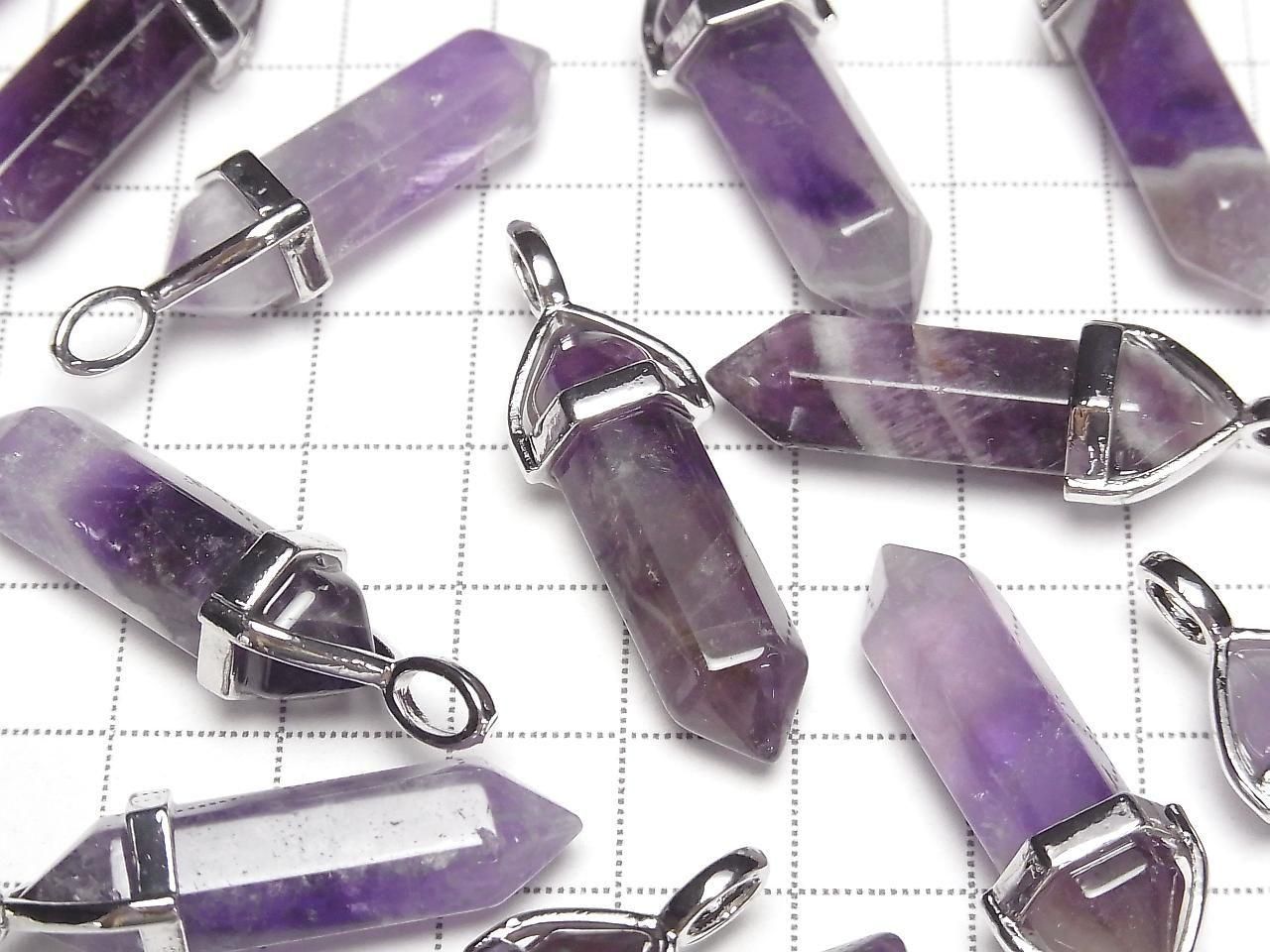 Amethyst AA++ Double Point Pendant 32x8x8mm Silver Color 3pcs