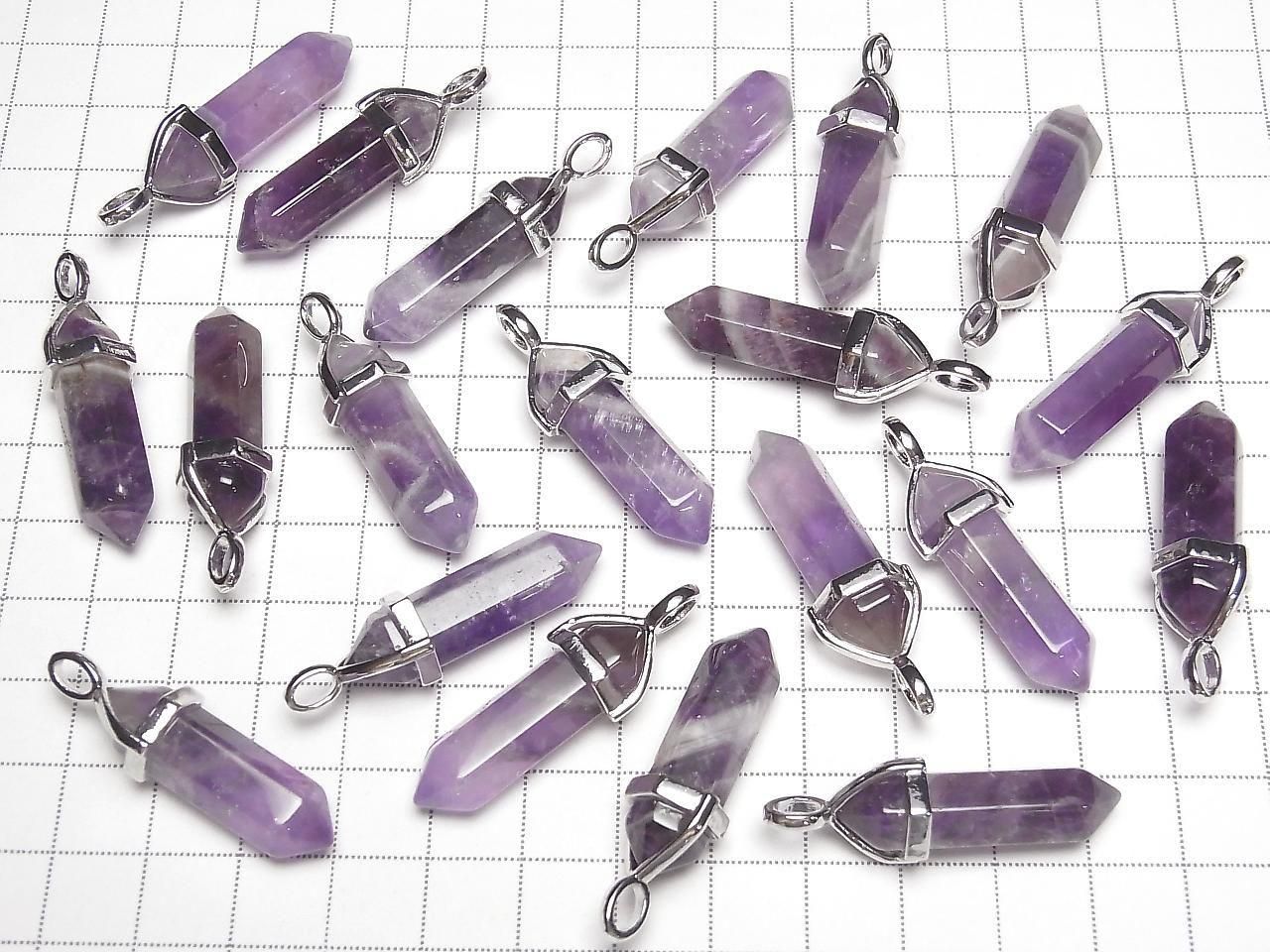 Amethyst AA++ Double Point Pendant 32x8x8mm Silver Color 3pcs