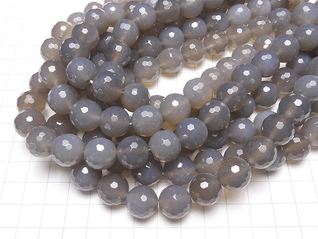 Gray Onyx AAA 128 Faceted Round 14 mm half or 1 strand beads (aprx. 14 inch / 35 cm)