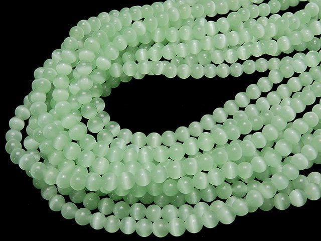 [Video] Pastel Green Color Cat's Eye (Glass) Round 6mm 1strand beads (aprx.14inch / 34cm)