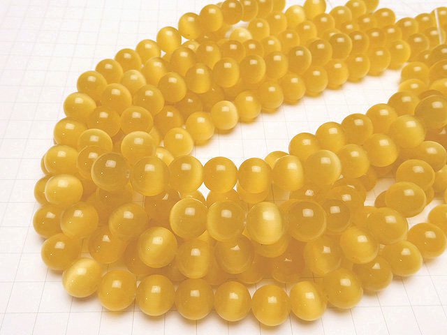 [Video] Yellow Color Cat's Eye (Glass) Round 12mm 1strand beads (aprx.14inch / 34cm)