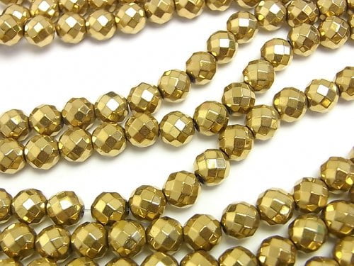 Magnetic! Hematite 64Faceted Round 8 mm gold coating 1 strand beads (aprx.15inch / 36cm)