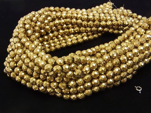 Magnetic! Hematite 64Faceted Round 8 mm gold coating 1 strand beads (aprx.15inch / 36cm)