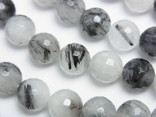 Faceted Round, Tourmalinated Quartz Gemstone Beads