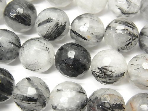 Faceted Round, Tourmalinated Quartz Gemstone Beads