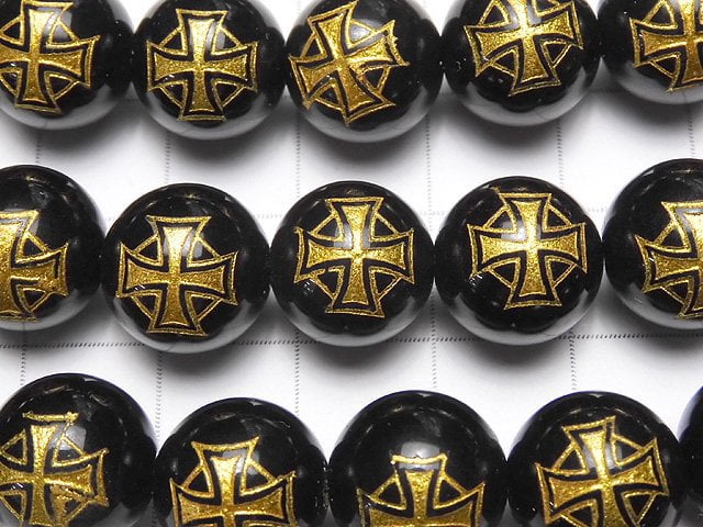 Golden! Cross Carving! Onyx AAA Round 10 mm, 12 mm, 14 mm half or 1 strand beads (aprx.15 inch / 36 cm)