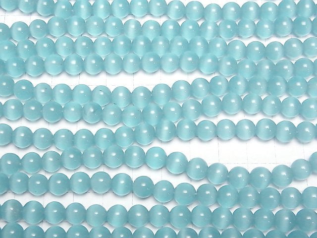 [Video] Light blue color Cat's Eye Round 7.5mm 1strand beads (aprx.14inch/34cm)