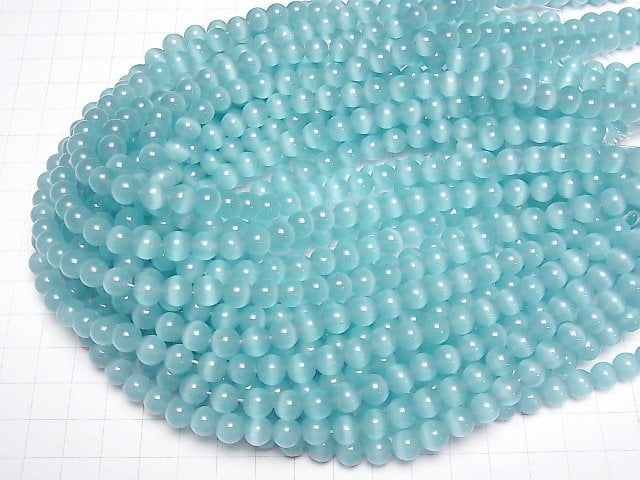 [Video] Light blue color Cat's Eye Round 7.5mm 1strand beads (aprx.14inch/34cm)