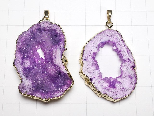 [Video]Purple color Slice Geode Pendant Gold color 1pc