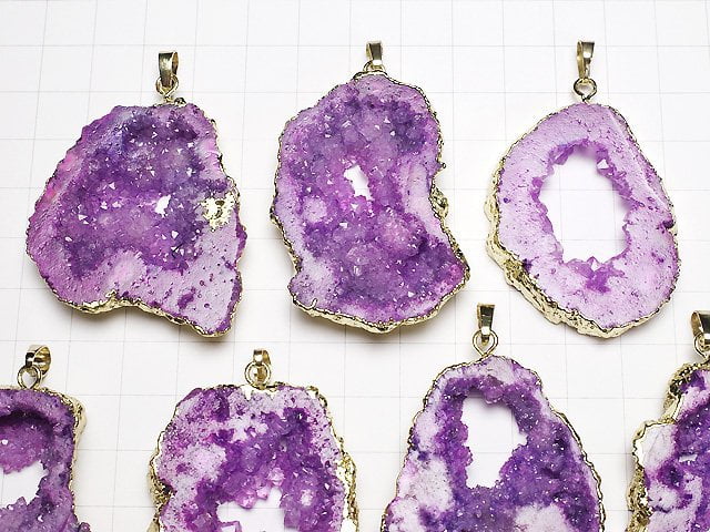 [Video]Purple color Slice Geode Pendant Gold color 1pc