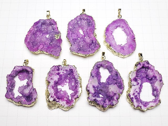 [Video]Purple color Slice Geode Pendant Gold color 1pc