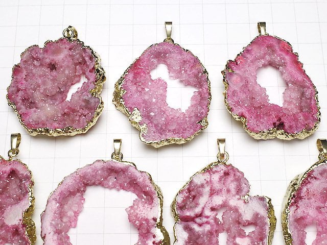 [Video] Pink color Slice Geode Pendant Gold color 1pc