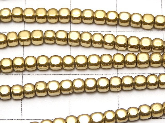 Hematite Small Size Cube 3 x 3 mm x 3 mm gold coating 1 strand beads (aprx.15 inch / 38 cm)