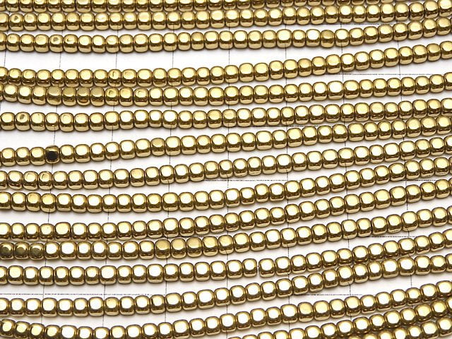 [Video] Hematite Small Size Cube 3 x 3 mm x 3 mm gold coating 1 strand beads (aprx.15 inch / 38 cm)