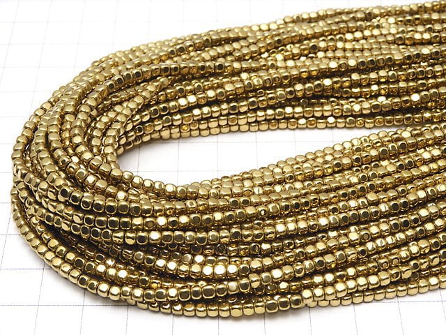 Hematite Small Size Cube 3 x 3 mm x 3 mm gold coating 1 strand beads (aprx.15 inch / 38 cm)