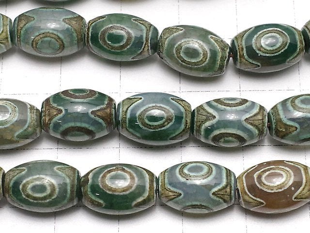[Video]dZi Beads Rice 12x8x8mm Green x Brown 1strand beads (aprx.13inch/33cm)