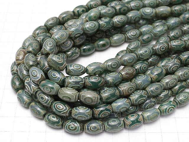 [Video]dZi Beads Rice 12x8x8mm Green x Brown 1strand beads (aprx.13inch/33cm)