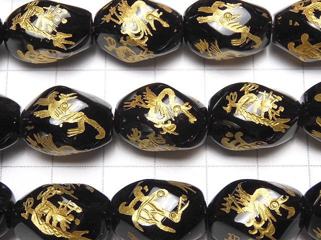 Gold! Four Divine Beasts Carving! Onyx Twist Faceted Rice 18x13x13mm 1/4 or 1strand beads (aprx.15inch / 36cm)