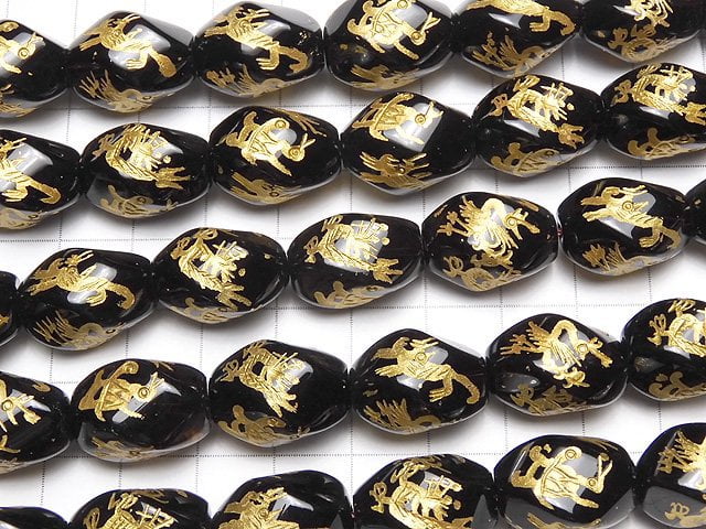 Gold! Four Divine Beasts Carving! Onyx Twist Faceted Rice 18x13x13mm 1/4 or 1strand beads (aprx.15inch / 36cm)