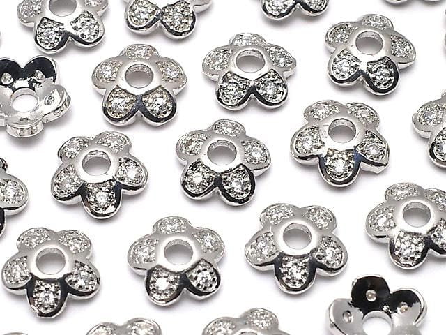 Metal parts, bead caps, 7.5 x 7.5 x 2.5 mm, silver color (with cubic zirconia), 2 pieces