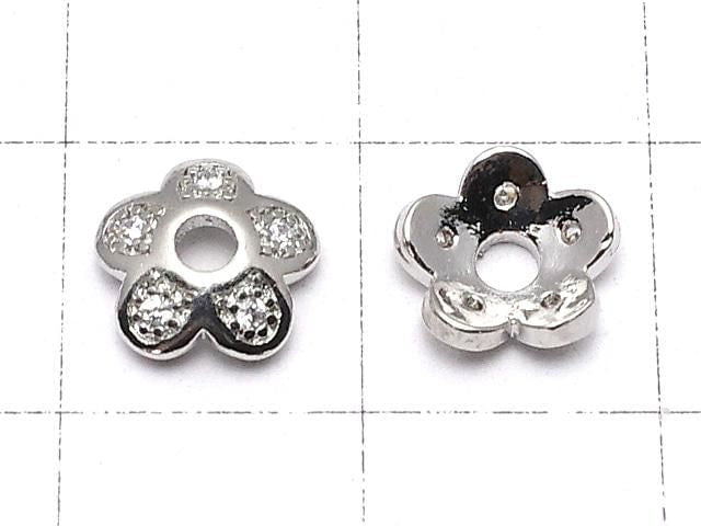 Metal parts, bead caps, 7.5 x 7.5 x 2.5 mm, silver color (with cubic zirconia), 2 pieces