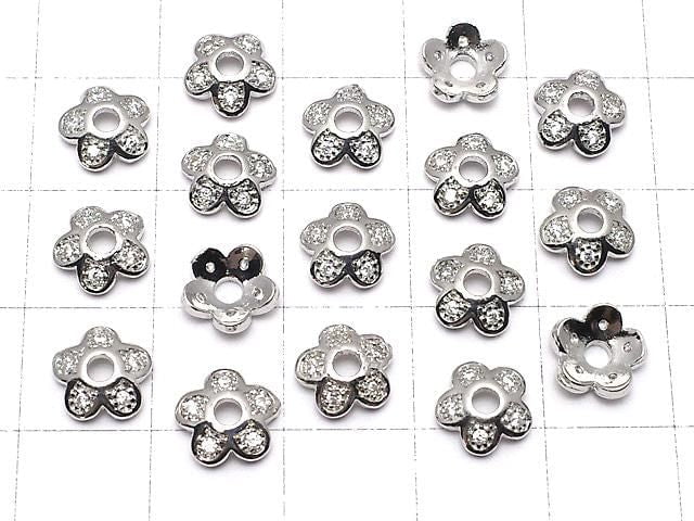 Metal parts, bead caps, 7.5 x 7.5 x 2.5 mm, silver color (with cubic zirconia), 2 pieces