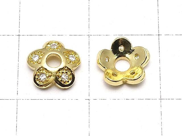 Metal parts, bead caps, 7.5 x 7.5 x 2.5 mm, gold color (with cubic zirconia), 2 pieces