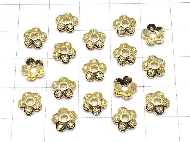 Metal parts, bead caps, 7.5 x 7.5 x 2.5 mm, gold color (with cubic zirconia), 2 pieces