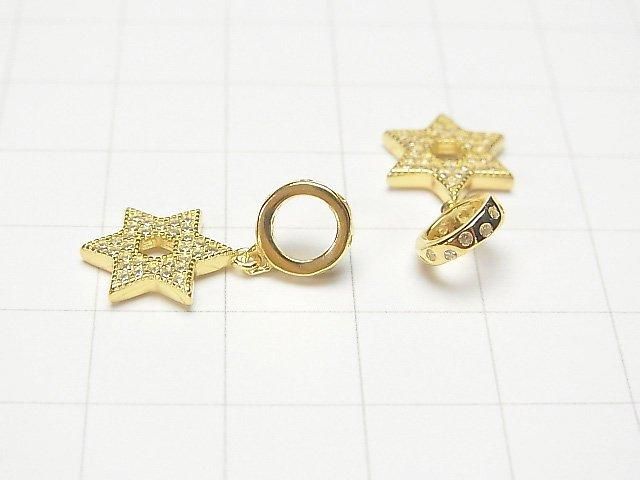 Silver 925 Charm, Star Motif (with CZ), 11x10x2mm, Gold Color, 1pc