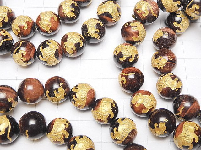 [Video] Golden! Carved of Tiger (Four Divine Beasts)! Red Tiger's Eye Round 10mm,12mm,14mm,16mm Half chain/Bracelet