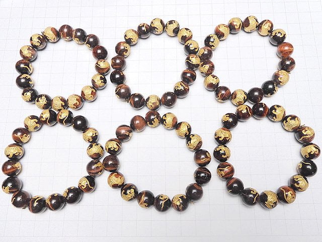 [Video] Golden! Carved of Tiger (Four Divine Beasts)! Red Tiger's Eye Round 10mm,12mm,14mm,16mm Half chain/Bracelet