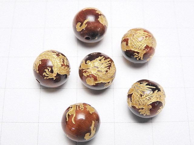 [Video] Golden! Carved of Dragon (Four Divine Beasts)! Red Tiger's Eye Round 10mm,12mm,14mm,16mm Half chain/Bracelet