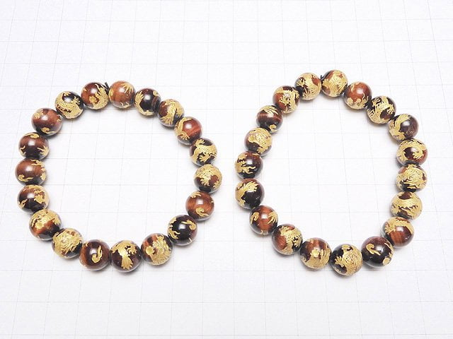 [Video] Golden! Carved of Dragon (Four Divine Beasts)! Red Tiger's Eye Round 10mm,12mm,14mm,16mm Half chain/Bracelet