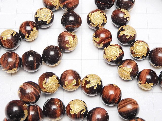 [Video] Golden! Carved of Turtle (Four Divine Beasts)! Red Tiger's Eye Round 10mm,12mm,14mm,16mm Half chain/Bracelet