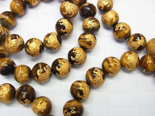 Golden! Carved of Tiger (Four Divine Beasts)! Yellow Tiger's Eye Round 10mm,12mm,14mm,16mm Half chain/Bracelet