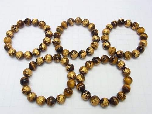 Golden! Carved of Tiger (Four Divine Beasts)! Yellow Tiger's Eye Round 10mm,12mm,14mm,16mm Half chain/Bracelet