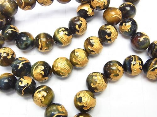 Golden! Tiger (Four Divine Beasts)'s Carved! Mixed Tiger's Eye Round 10mm,12mm,14mm,16mm Half Strand/Bracelet