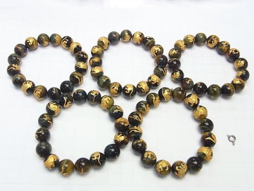 Golden! Tiger (Four Divine Beasts)'s Carved! Mixed Tiger's Eye Round 10mm,12mm,14mm,16mm Half Strand/Bracelet