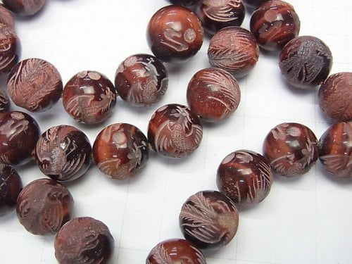 Phoenix (Four Divine Beasts)'s Carved! Red Tiger's Eye Round 10mm,12mm,14mm Half Chain/Bracelet