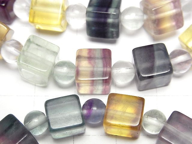 [Video] Multicolor Fluorite AAA Cube 8mm & Round 6mm Bracelet