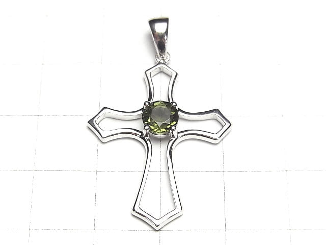 High Quality Moldavite AAA Round Faceted  Cross Pendant 30x24x5mm Silver925