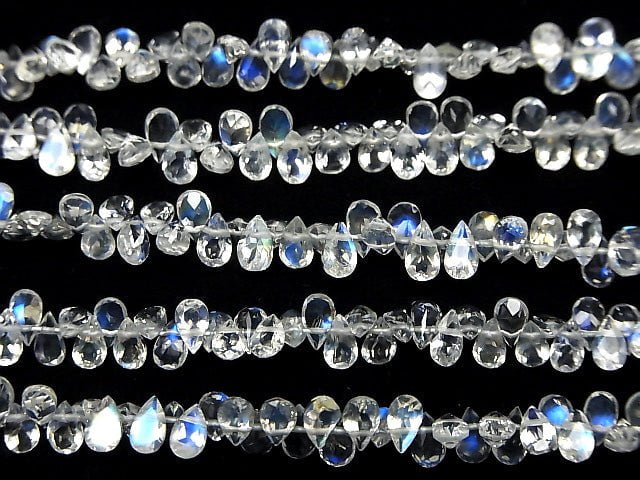 [Video] High Quality Rainbow Moonstone AAA Pear shape Faceted half or 1strand beads (aprx.7inch / 19cm)