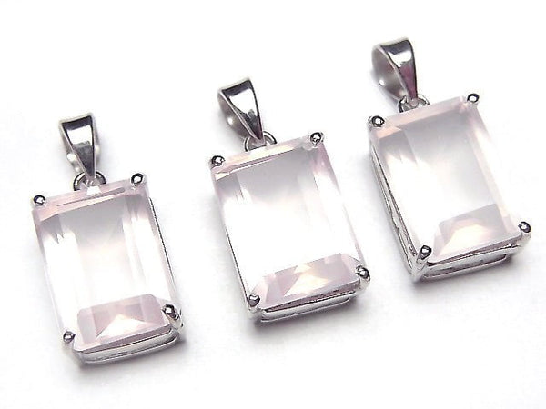 [Video] High Quality Rose Quartz AAA Rectangle Faceted Pendant 14x10mm Silver925