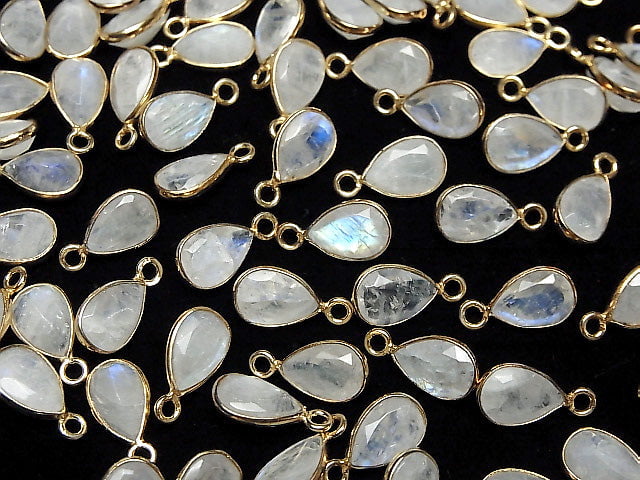 [Video]High Quality Rainbow Moonstone AA++ Bezel Setting Pear shape Faceted 10x7mm 18KGP 3pcs