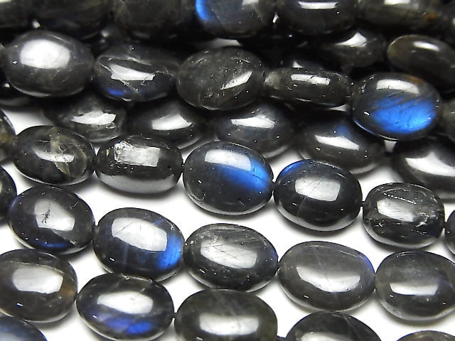 [Video] High Quality Black Labradorite AAA- Oval -Flat Nugget half or 1strand beads (aprx.12inch / 30cm)