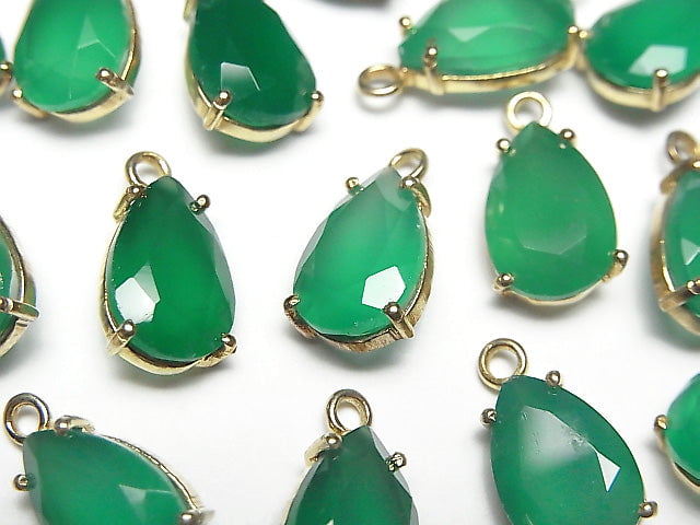 [Video]High Quality Green Onyx AAA Bezel Setting Pear shape Faceted 12x8mm 18KGP 2pcs