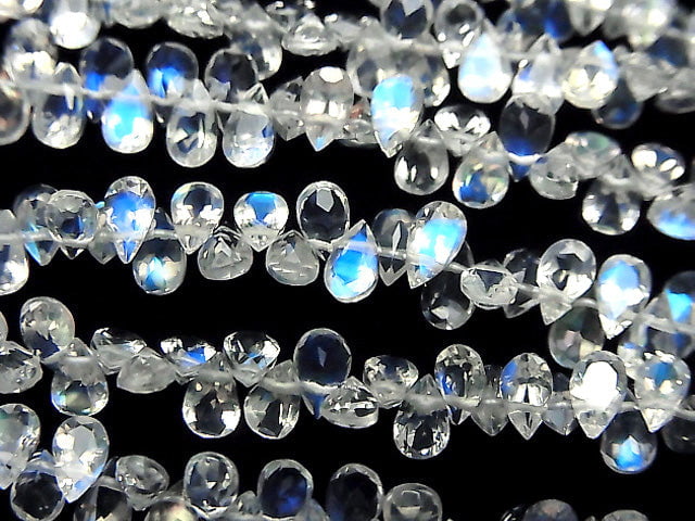 [Video] High Quality Rainbow Moonstone AAA Pear shape Faceted half or 1strand beads (aprx.7inch / 19cm)