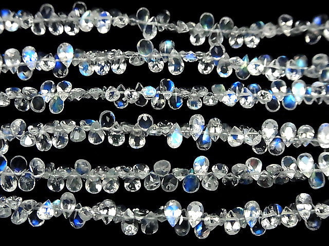 [Video] High Quality Rainbow Moonstone AAA Pear shape Faceted half or 1strand beads (aprx.7inch / 19cm)